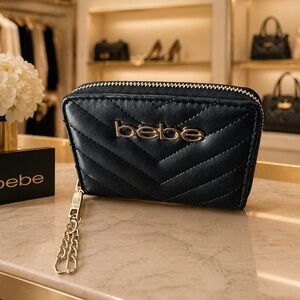 Bebe Quilted Black Wallet with Gold Chain Accent Wristlet Strap
NWOT